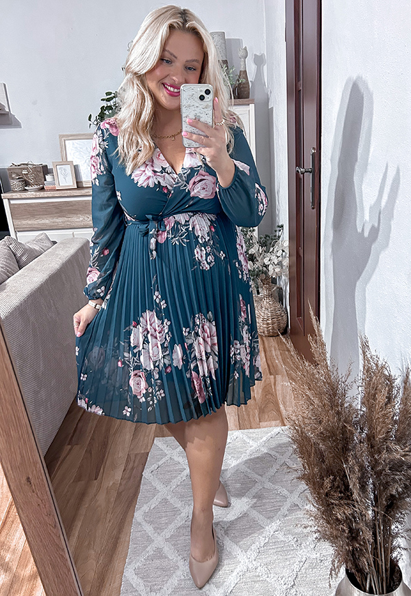 AMBER II SUKIENKA PLUS SIZE PLISOWANA W KWIATY. MORSKO/RÓŻOWA 07 - włoski zdjęcie 1