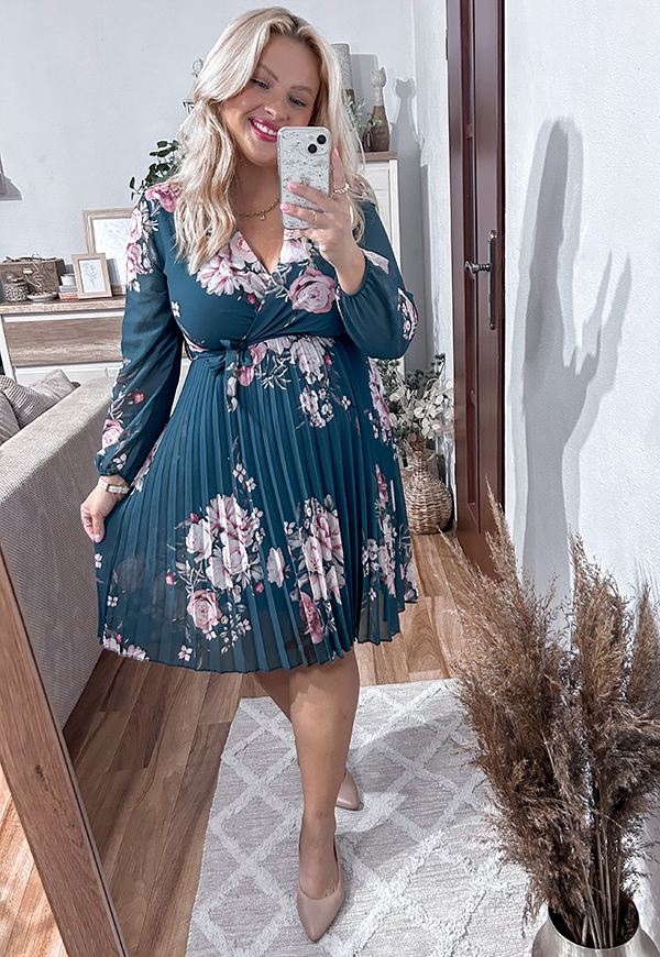 AMBER II SUKIENKA PLUS SIZE PLISOWANA W KWIATY. MORSKO/RÓŻOWA 07 - włoski zdjęcie 4