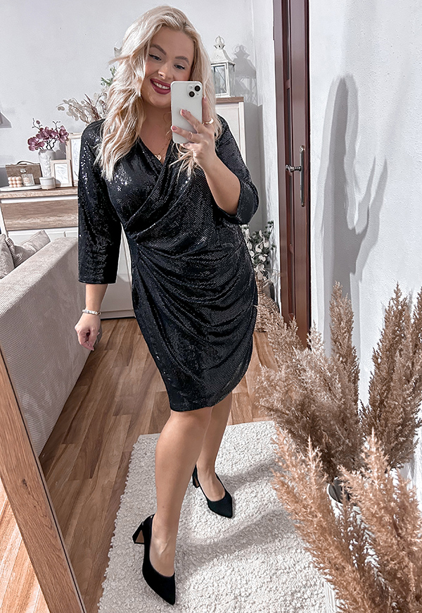 GLOSSY- SUKIENKA PLUS SIZE PRZED KOLANO Z CEKIN.  CZARNA 01 - włoski zdjęcie 1