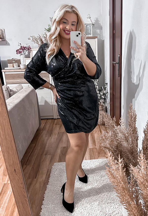 GLOSSY- SUKIENKA PLUS SIZE PRZED KOLANO Z CEKIN.  CZARNA 01 - włoski zdjęcie 3