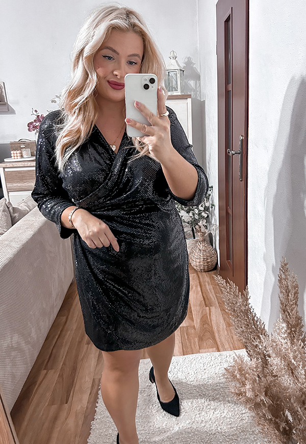 GLOSSY- SUKIENKA PLUS SIZE PRZED KOLANO Z CEKIN.  CZARNA 01 - włoski zdjęcie 4