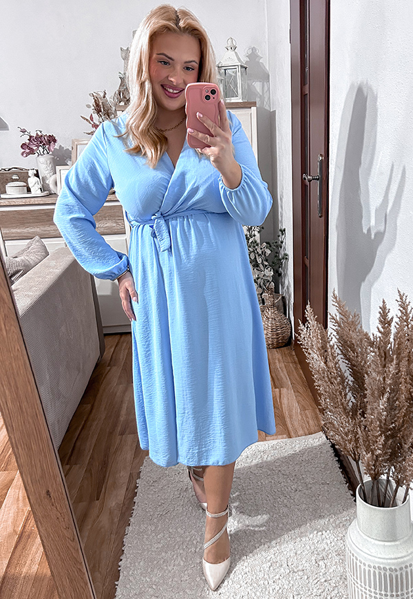 LISBONA DŁUGI RĘKAW  SUKIENKA PLUS SIZE KOPERTOWA MIDI. BŁĘKITNA 09 - włoski zdjęcie 3