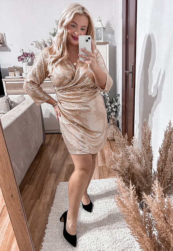 GLOSSY- SUKIENKA PLUS SIZE PRZED KOLANO Z CEKIN.  ZŁOTA 02 - włoski zdjęcie 4