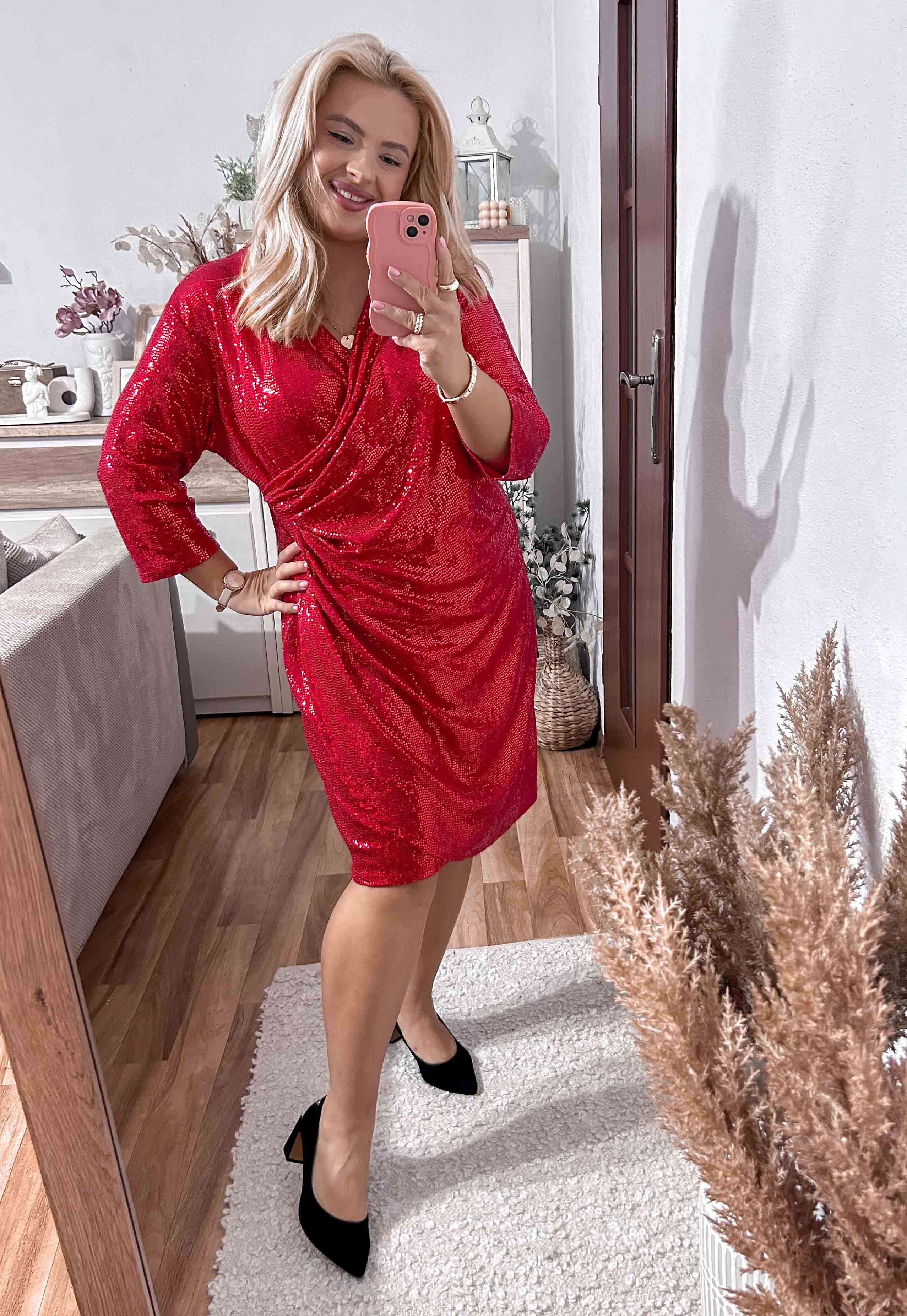 GLOSSY- SUKIENKA PLUS SIZE PRZED KOLANO Z CEKIN.  CZERWONA 05 - włoski zdjęcie 1