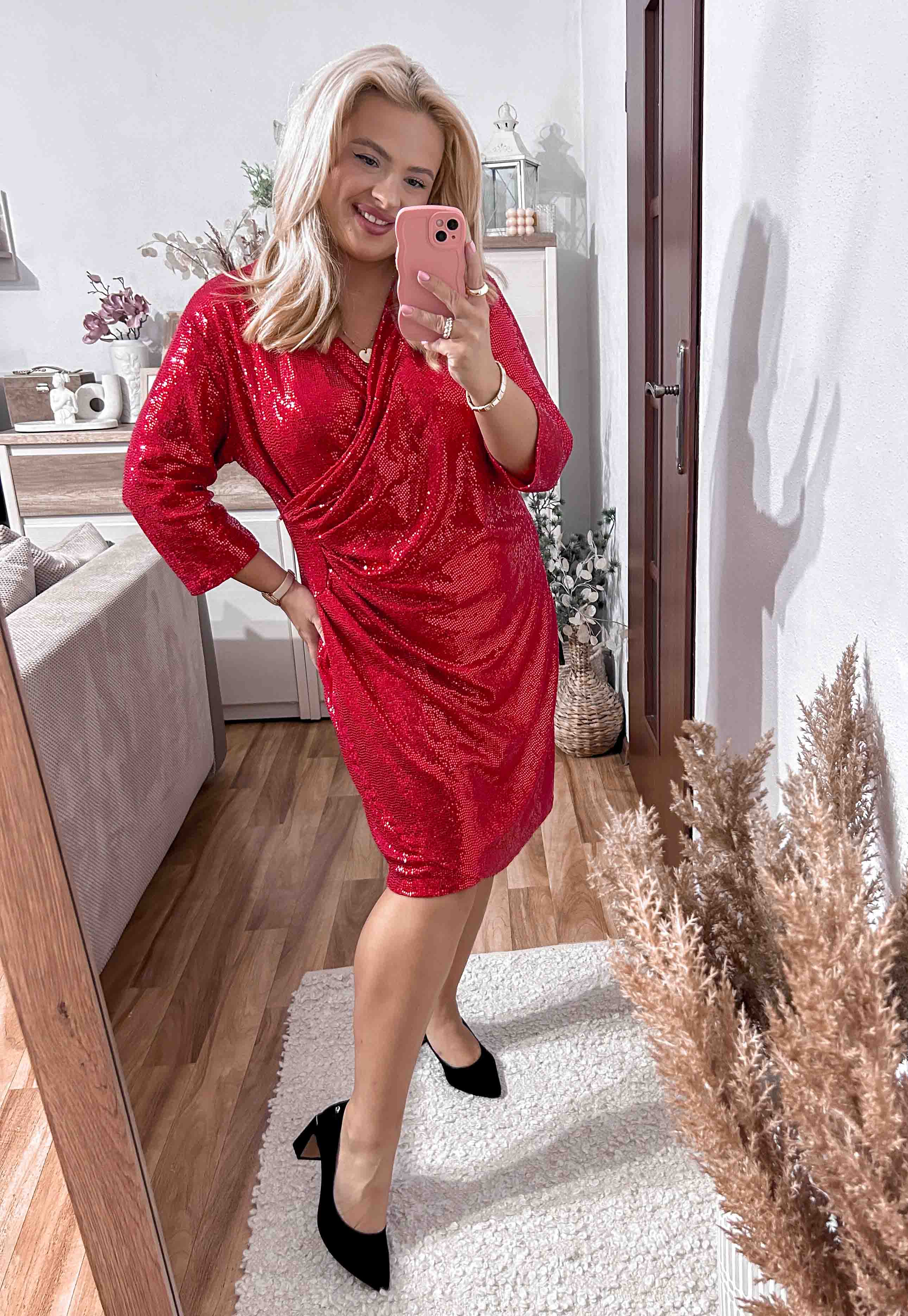 GLOSSY- SUKIENKA PLUS SIZE PRZED KOLANO Z CEKIN.  CZERWONA 05 - włoski zdjęcie 2