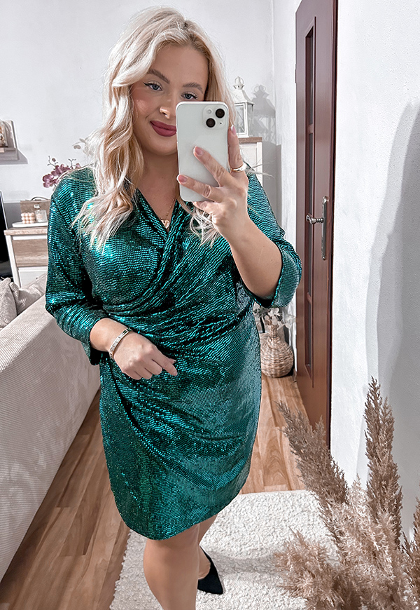 GLOSSY- SUKIENKA PLUS SIZE PRZED KOLANO Z CEKIN.  SZMARAGDOWA ZIELEŃ 03 - włoski zdjęcie 3