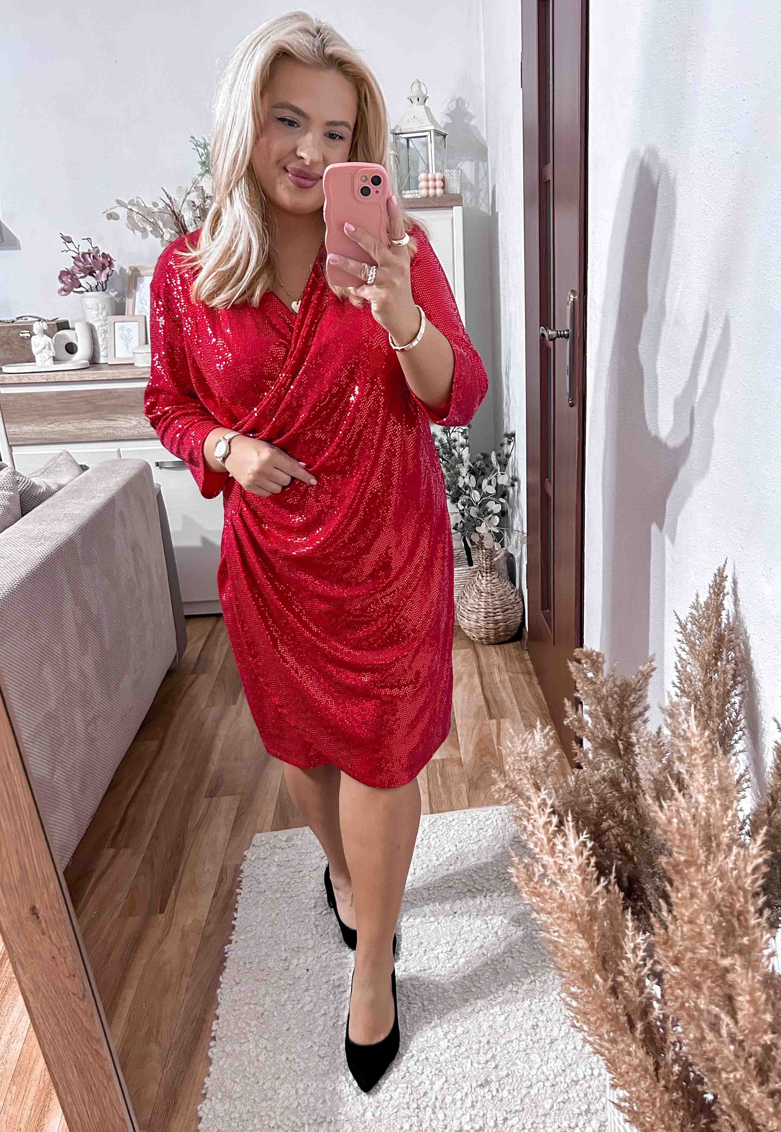 GLOSSY- SUKIENKA PLUS SIZE PRZED KOLANO Z CEKIN.  CZERWONA 05 - włoski zdjęcie 3