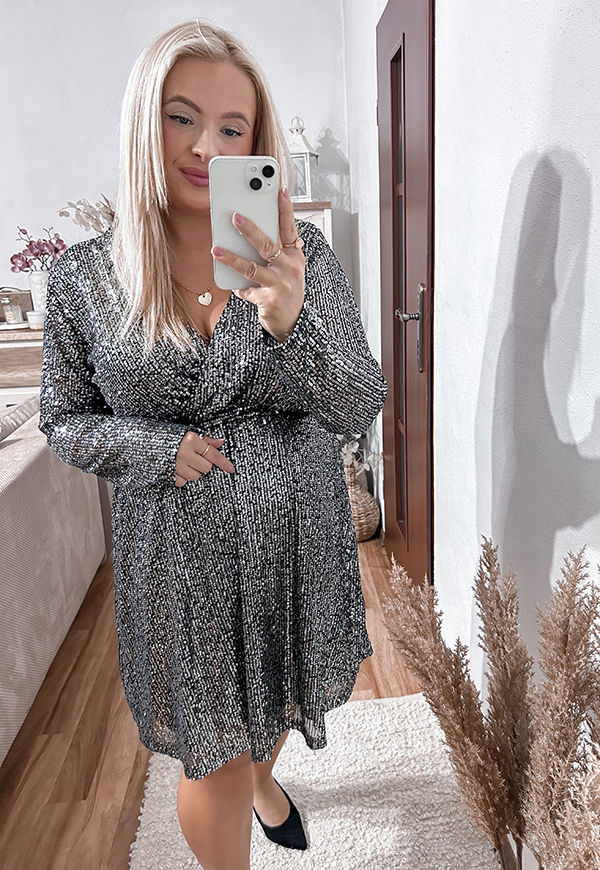 CELINA SUKIENKA CEKINOWA PLUS SIZE PRZED KOLANO Z CEKIN. SREBRNA 03 - włoski zdjęcie 2