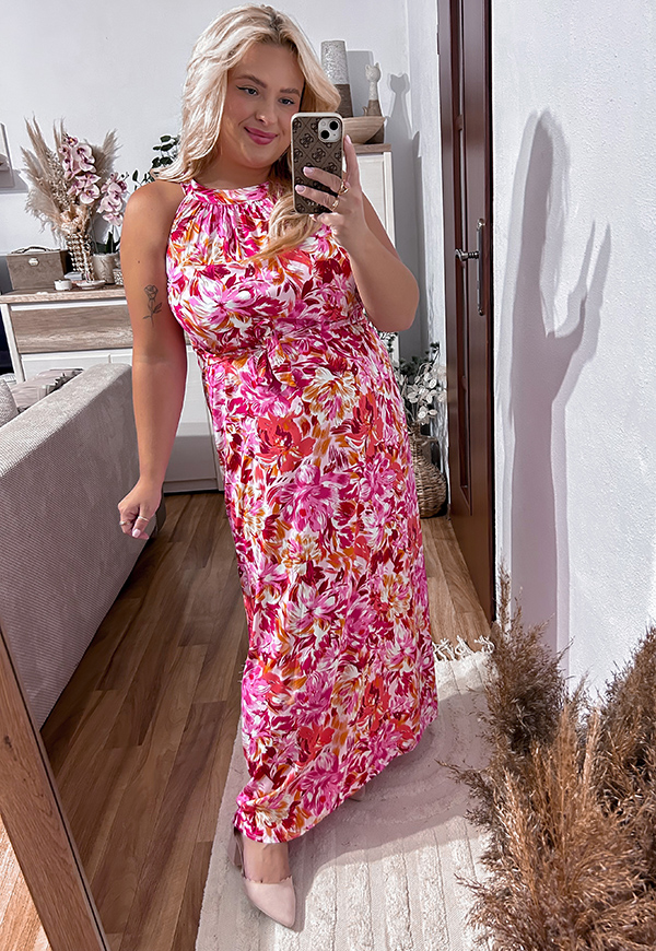 NAOMI DŁUGA SUKIENKA PLUS SIZE NA RAMIĄCZKACH W KWIATY. POMARAŃCZOWA 12 - włoski zdjęcie 1