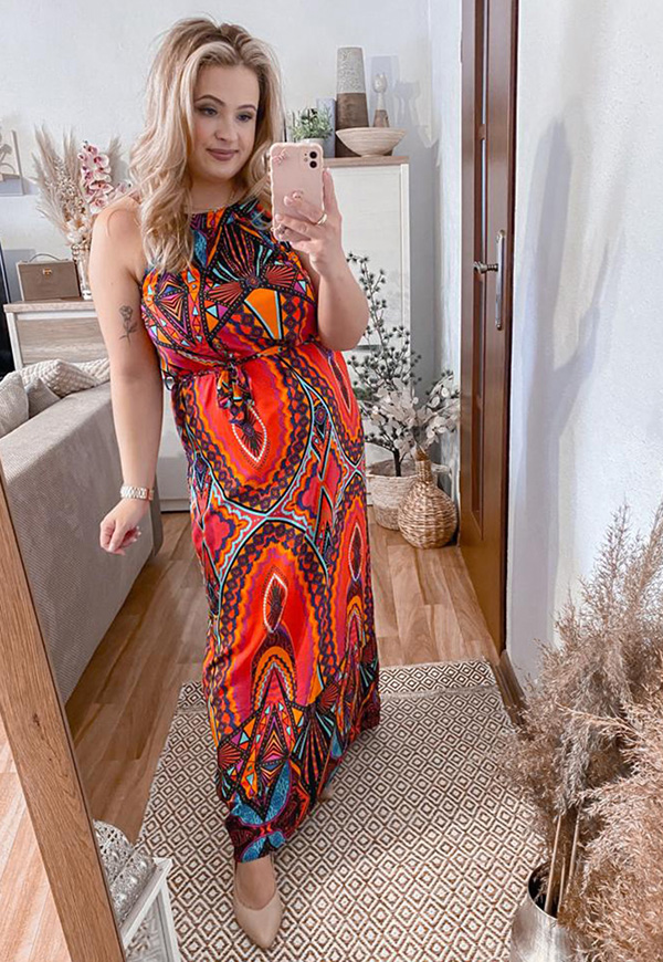 NAOMI DŁUGA SUKIENKA PLUS SIZE NA RAMIĄCZKACH WE WZORY. CZARNO/POMARAŃCZOWA 04 - włoski zdjęcie 1