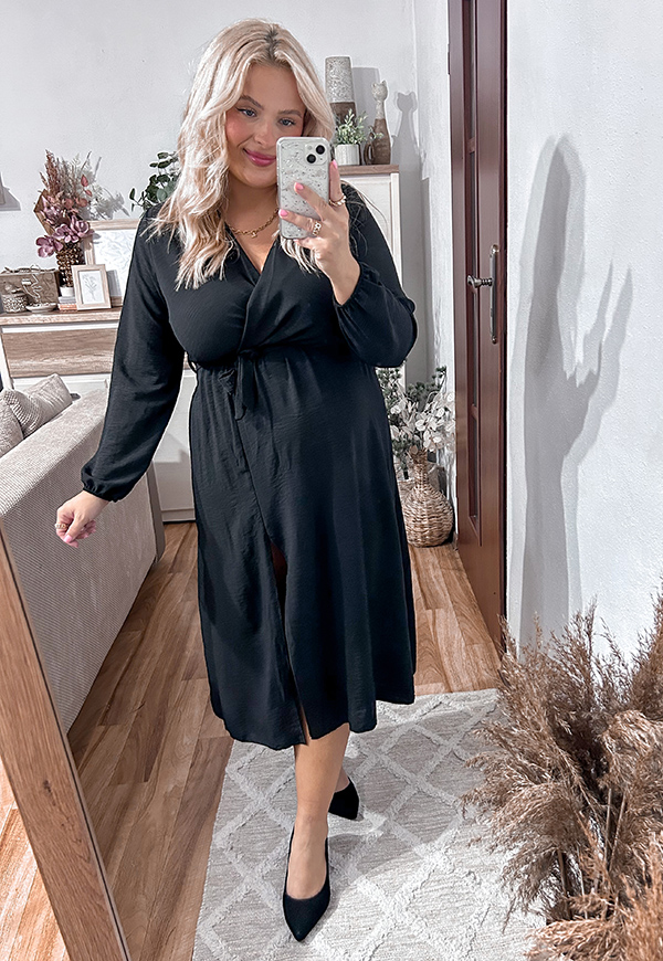 LISBONA DŁUGI RĘKAW  SUKIENKA PLUS SIZE KOPERTOWA MIDI. CZARNA 01 - włoski zdjęcie 4