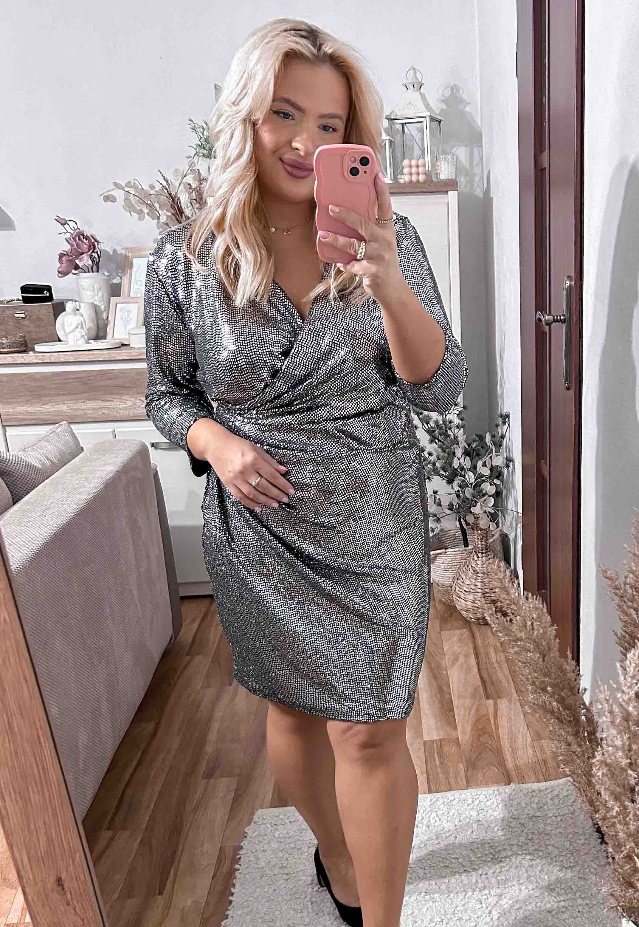 GLOSSY- SUKIENKA PLUS SIZE PRZED KOLANO Z CEKIN.  SREBRNA 06 - włoski zdjęcie 3