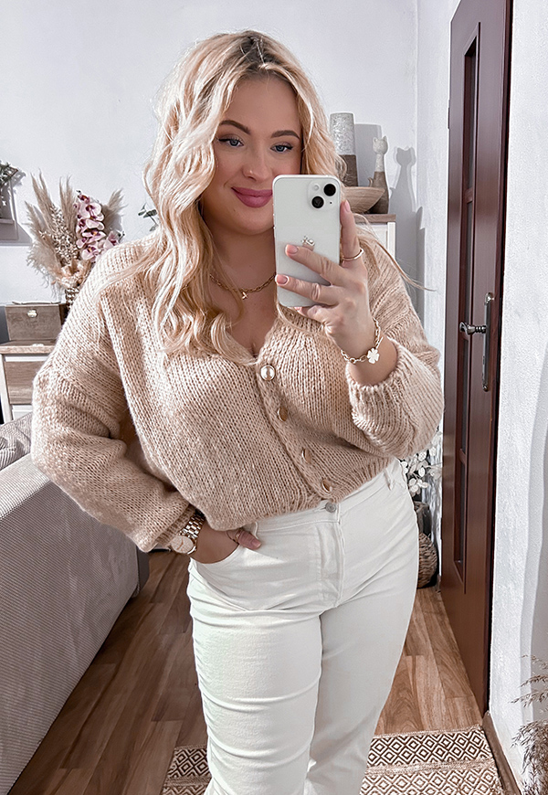 BROOK  SWETER PLUS SIZE ZAPINANY NA ZŁOTE GUZIKI. BEŻOWY 05 - włoski zdjęcie 3