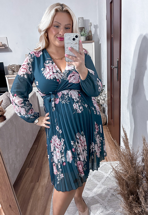 AMBER II SUKIENKA PLUS SIZE PLISOWANA W KWIATY. MORSKO/RÓŻOWA 07 - włoski zdjęcie 3