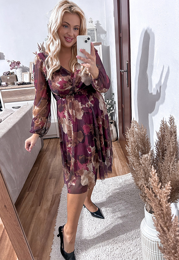 SUZANA SUKIENKA PLUS SIZE PRZED KOLANO Z SIATECZKI WE WZORY. BORDOWA 02 - włoski zdjęcie 2