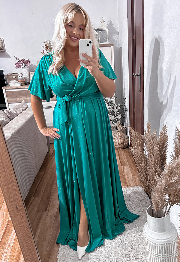 BELL MAXI BROKATOWA SUKIENKA DŁUGA PLUS SIZE. SZMARAGDOWA ZIELEŃ 01 - produkt polski zdjęcie 4