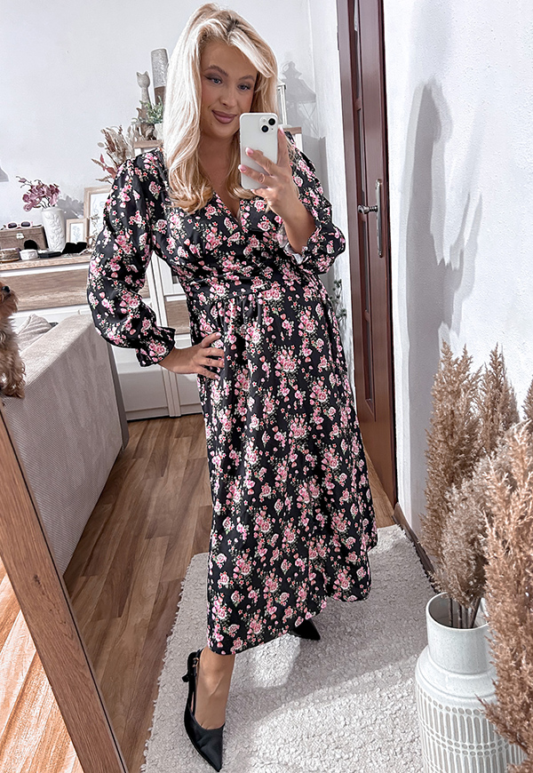 MARIE SUKIENKA MIDI PLUS SIZE W KWIATY. CZARNO/RÓŻOWA 01 - włoski zdjęcie 2