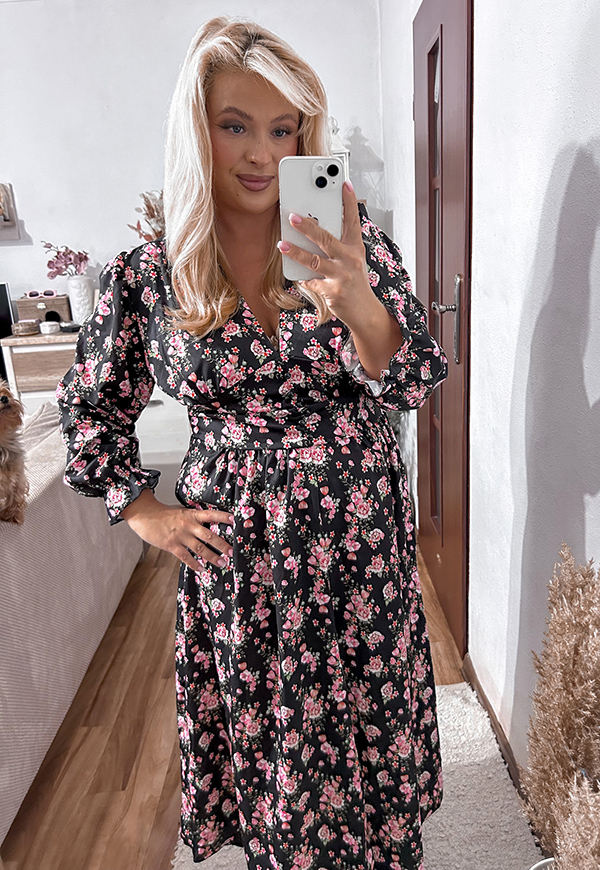 MARIE SUKIENKA MIDI PLUS SIZE W KWIATY. CZARNO/RÓŻOWA 01 - włoski zdjęcie 3