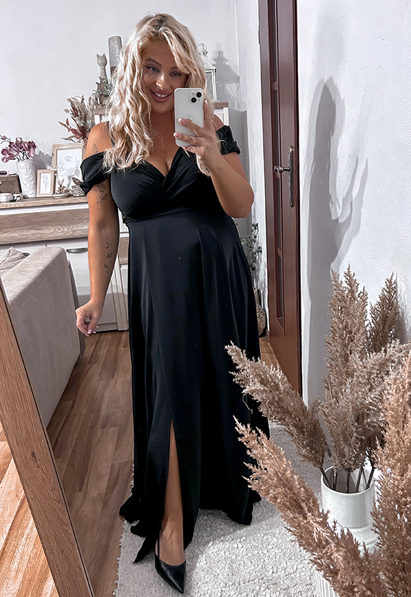 VIKTORIA MAXI SUKIENKA DŁUGA Z OZDOBNYMI RAMIĄCZKAMI PLUS SIZE. CZARNA  - produkt polski zdjęcie 3