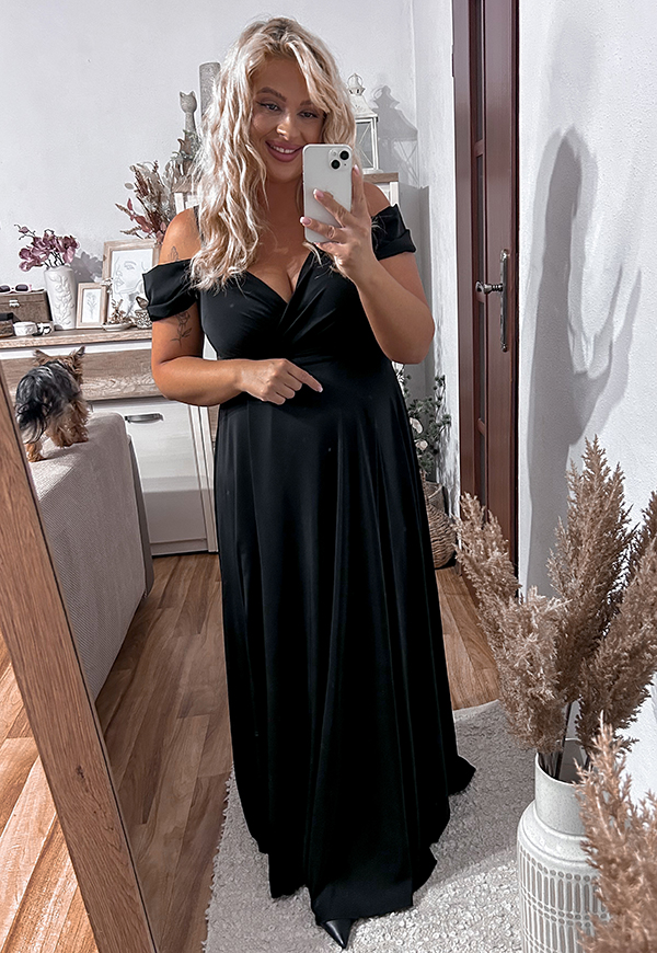 VIKTORIA MAXI SUKIENKA DŁUGA Z OZDOBNYMI RAMIĄCZKAMI PLUS SIZE. CZARNA  - produkt polski zdjęcie 4