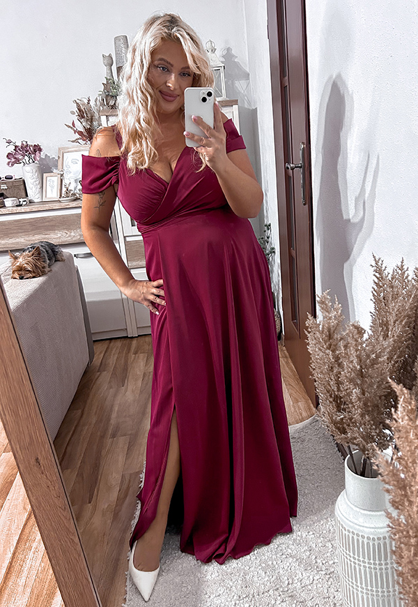 VIKTORIA MAXI SUKIENKA DŁUGA Z OZDOBNYMI RAMIĄCZKAMI PLUS SIZE. BORDOWA - produkt polski zdjęcie 3