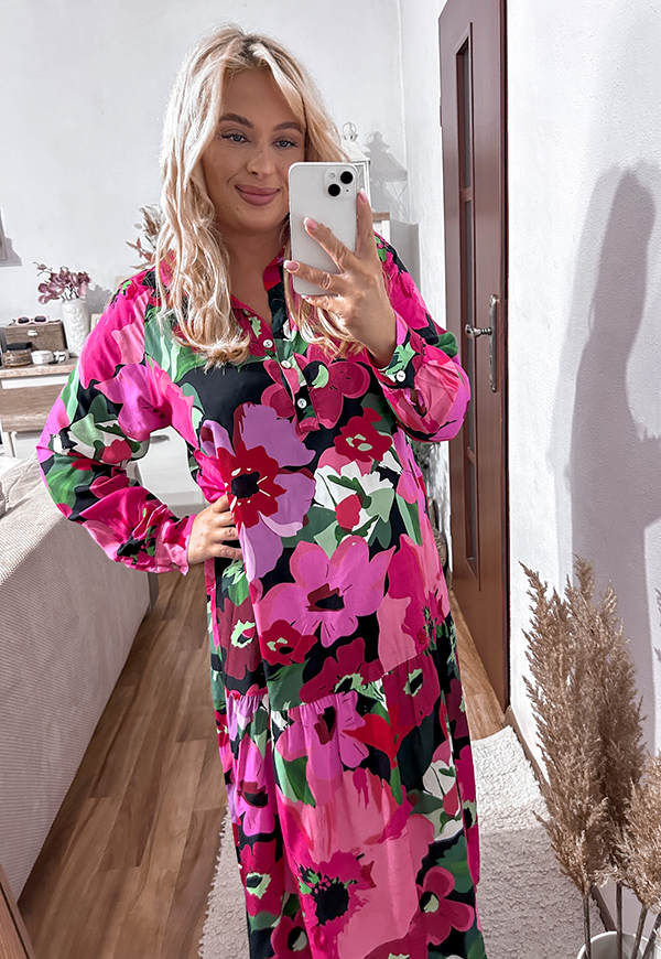 ŠATY NINA MIDI PLUS SIZE FLOWERS BLACK/FUCHSIA 04 - włoski obrázek 3