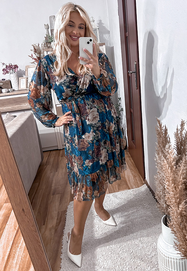 ŠATY SISI  PLUS SIZE FLOWERS SEA BLUE/BEIGE 03 - włoski obrázek 1