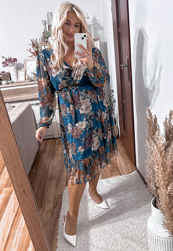 ŠATY SISI  PLUS SIZE FLOWERS SEA BLUE/BEIGE 03 - włoski obrázek 2