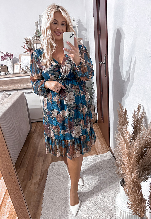 ŠATY SISI  PLUS SIZE FLOWERS SEA BLUE/BEIGE 03 - włoski obrázek 4