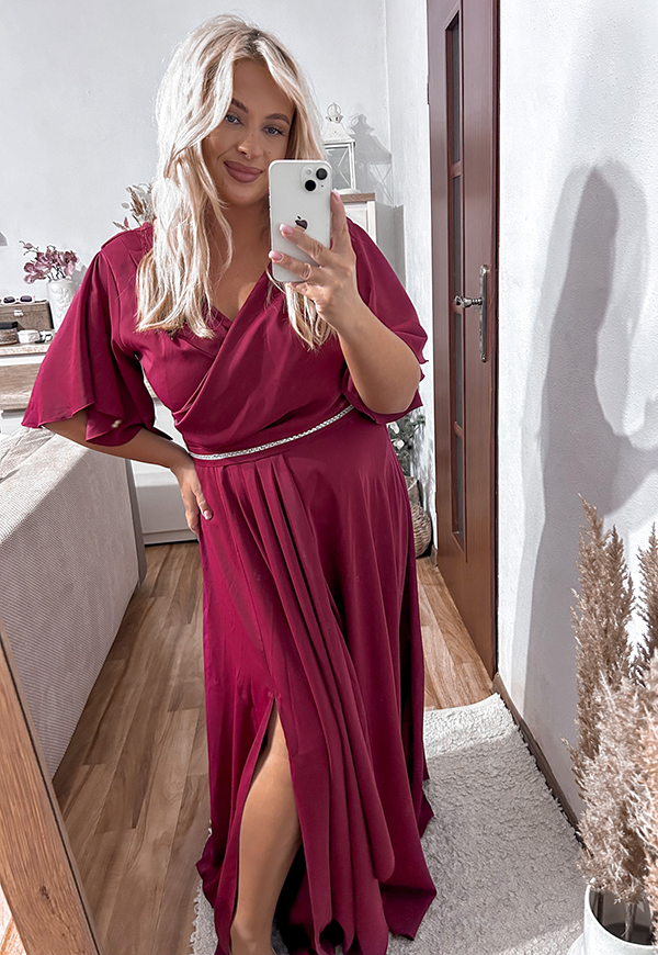 POLLY MAXI SUKIENKA DŁUGA PLUS SIZE Z OZDOBNYM PASKIEM. BORDOWA - produkt polski zdjęcie 4