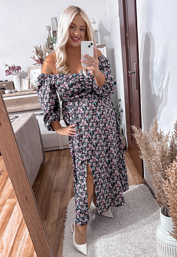 LUCY SUKIENKA DŁUGA PLUS SIZE W DROBNE KWIATY. CZARNA ŁĄCZKA 04 - włoski zdjęcie 4