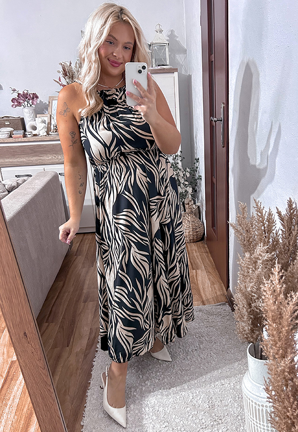 ELIZA SUKIENKA DŁUGA WISKOZOWA PLUS SIZE WIĄZANA WE WZORY. CZARNO/BRĄZOWA 02 - włoski zdjęcie 2