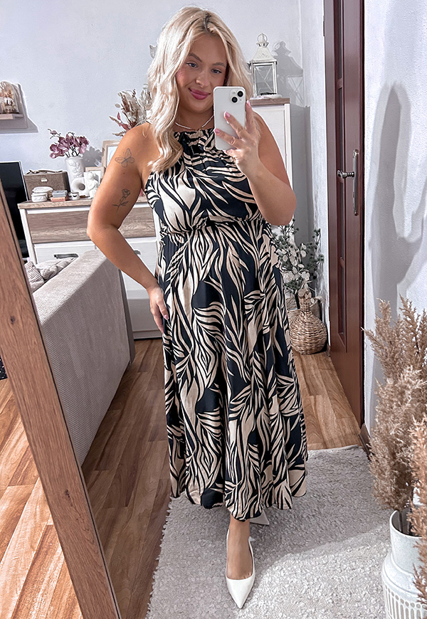 ELIZA SUKIENKA DŁUGA WISKOZOWA PLUS SIZE WIĄZANA WE WZORY. CZARNO/BRĄZOWA 02 - włoski zdjęcie 3