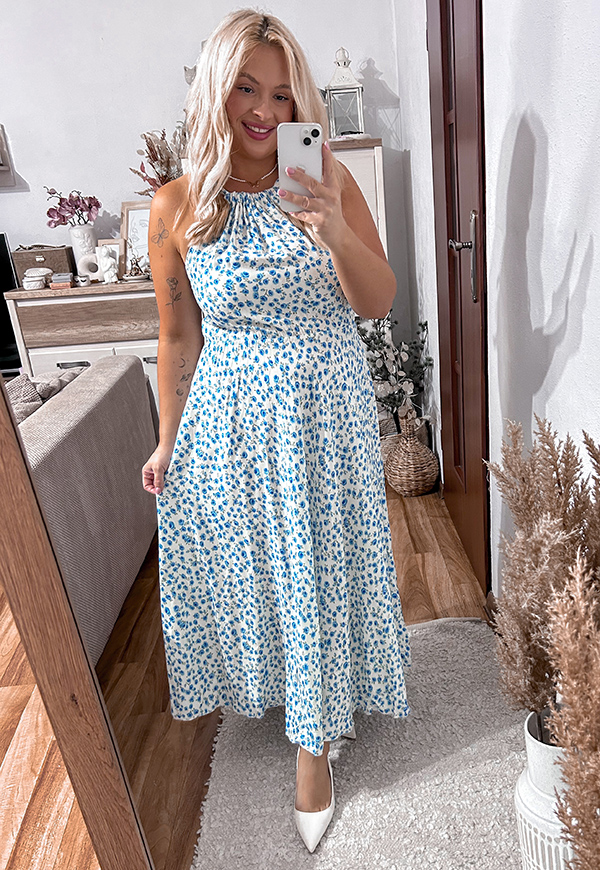 ELIZA SUKIENKA DŁUGA WISKOZOWA PLUS SIZE WIĄZANA W KWIATY. BIAŁO/BŁĘKITNA 01 - włoski zdjęcie 2