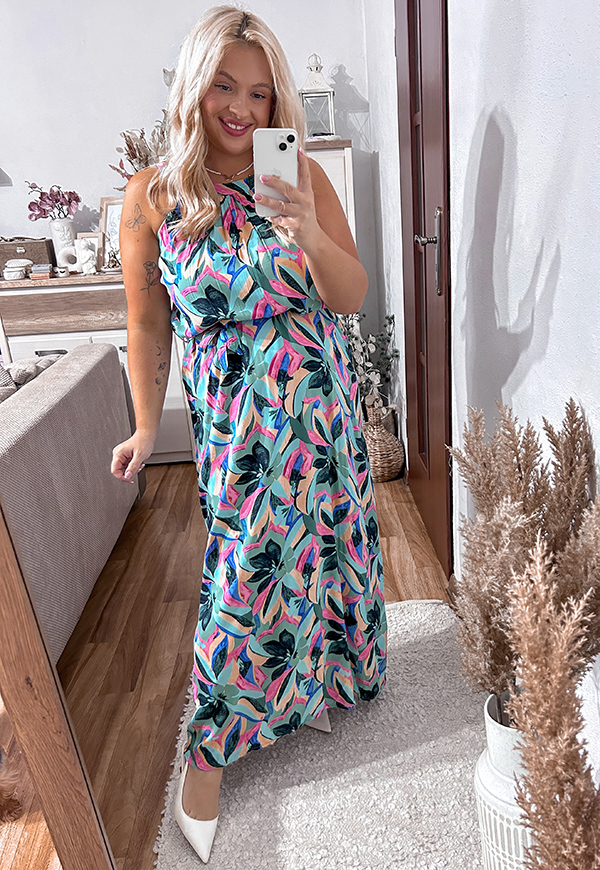 NAOMI DŁUGA SUKIENKA PLUS SIZE NA RAMIĄCZKACH WE WZORY. ZIELONO/RÓŻOWA 18 - produkt import zdjęcie 1