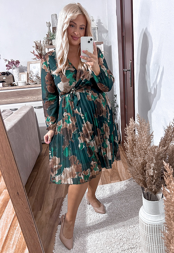 AMBER II SUKIENKA PLUS SIZE PLISOWANA W KWIATY. ZIELONO/BRĄZOWA 01 - włoski zdjęcie 2