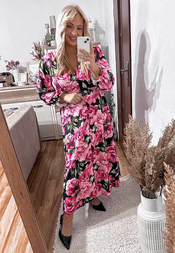 ŠATY MARIE MIDI PLUS SIZE FLOWERS BLACK/FUCHSIA 04 - włoski obrázek 1