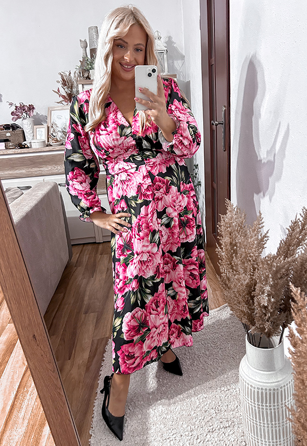 ŠATY MARIE MIDI PLUS SIZE FLOWERS BLACK/FUCHSIA 04 - włoski obrázek 3