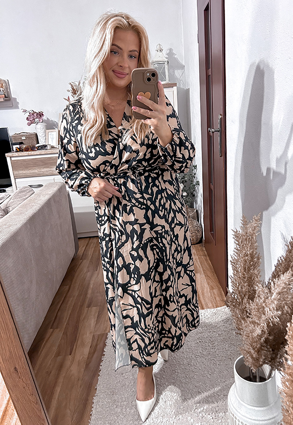 CARMEN  SUKIENKA PLUS SIZE KOPERTOWA MIDI WE WZORY. CZARNO/BEŻOWY MARMUREK 15 - włoski zdjęcie 4