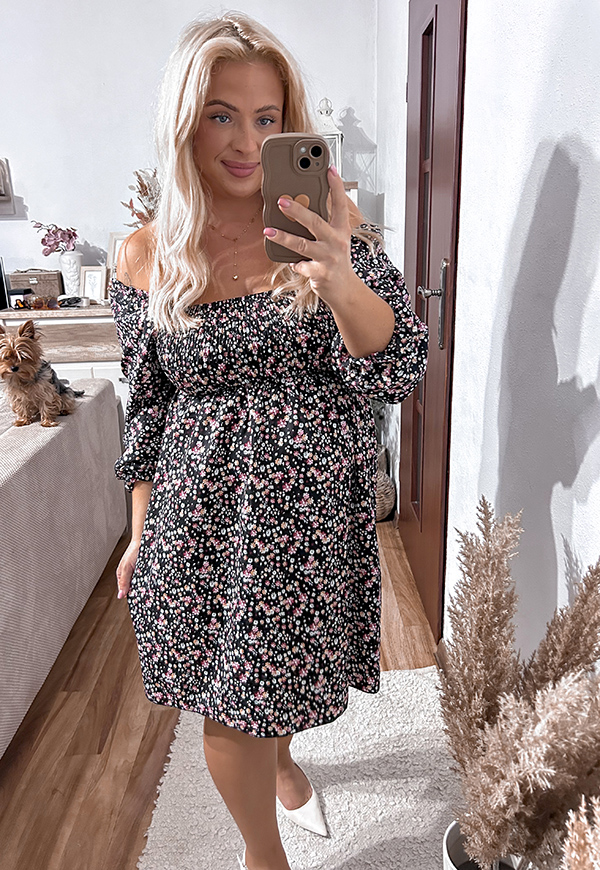 CATRINA KRÓTKA SUKIENKA Z DŁUGIM RĘKAWEM PLUS SIZE HISZPANKA W KWIATY. CZARNA ŁĄCZKA 01 - włoski zdjęcie 3