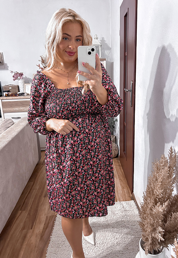 CATRINA KRÓTKA SUKIENKA Z DŁUGIM RĘKAWEM PLUS SIZE HISZPANKA W KWIATY. CZARNO/CZERWONA 02 - włoski zdjęcie 2