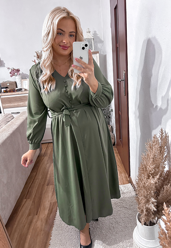 LISSA SUKIENKA PLUS SIZE GŁADKA MIDI NA GUZIKI. OLIWKOWA 02 - włoski zdjęcie 3