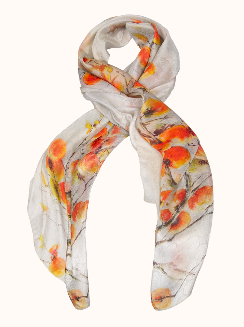 Jacquard silk scarf with an apple tree motif, 50 cm x 170 cm-  s04sz099 image 1