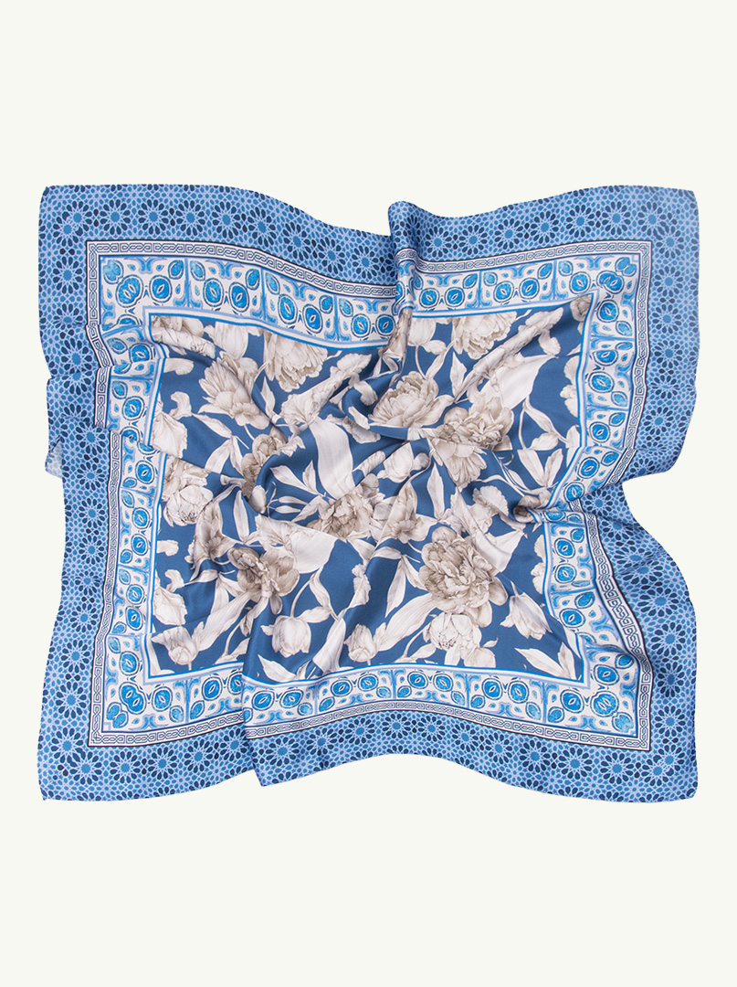Blue silk scarf with white flowers 90 cm x 90 cm image 3