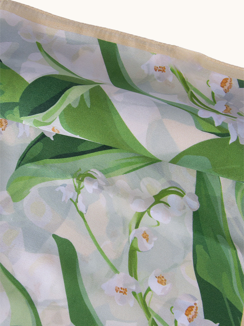 White silk gavroshka with lily of the valley motif 53x53 cm image 3