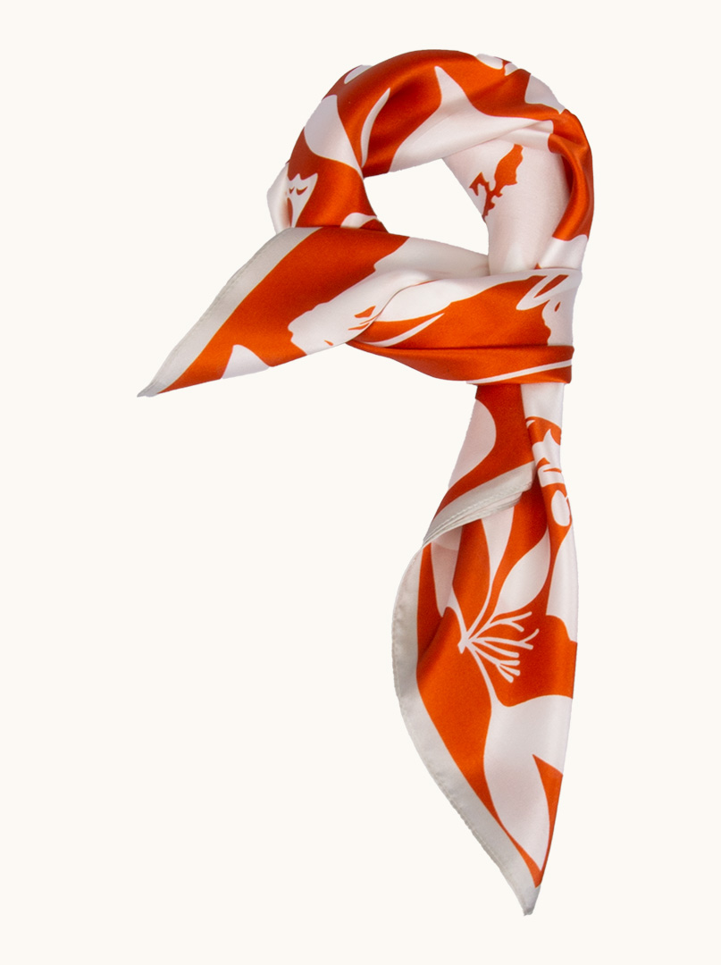 Silk scarf with white flower motif  70 cm x 70 cm image 1