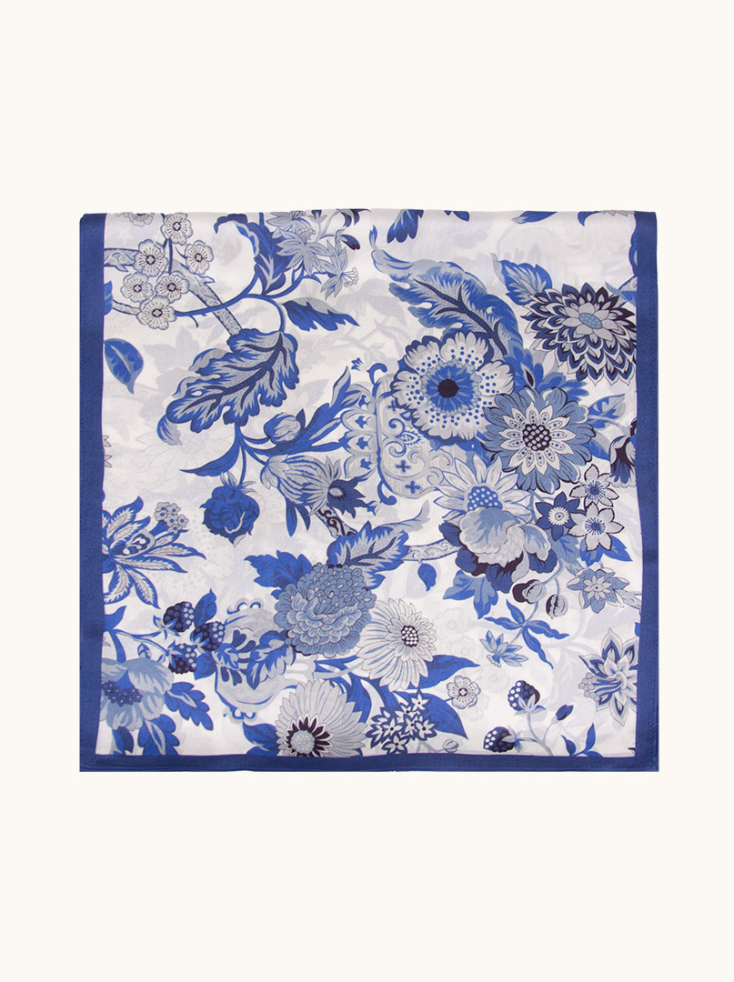 White silk scarf with blue flower motif 35 cm x 140 cm image 2