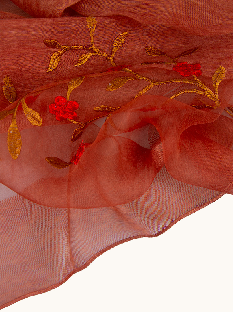 Szal wieczorowy miedziany w haftowane kwiaty 80 cm x 190 cm - Allora zdjęcie 3