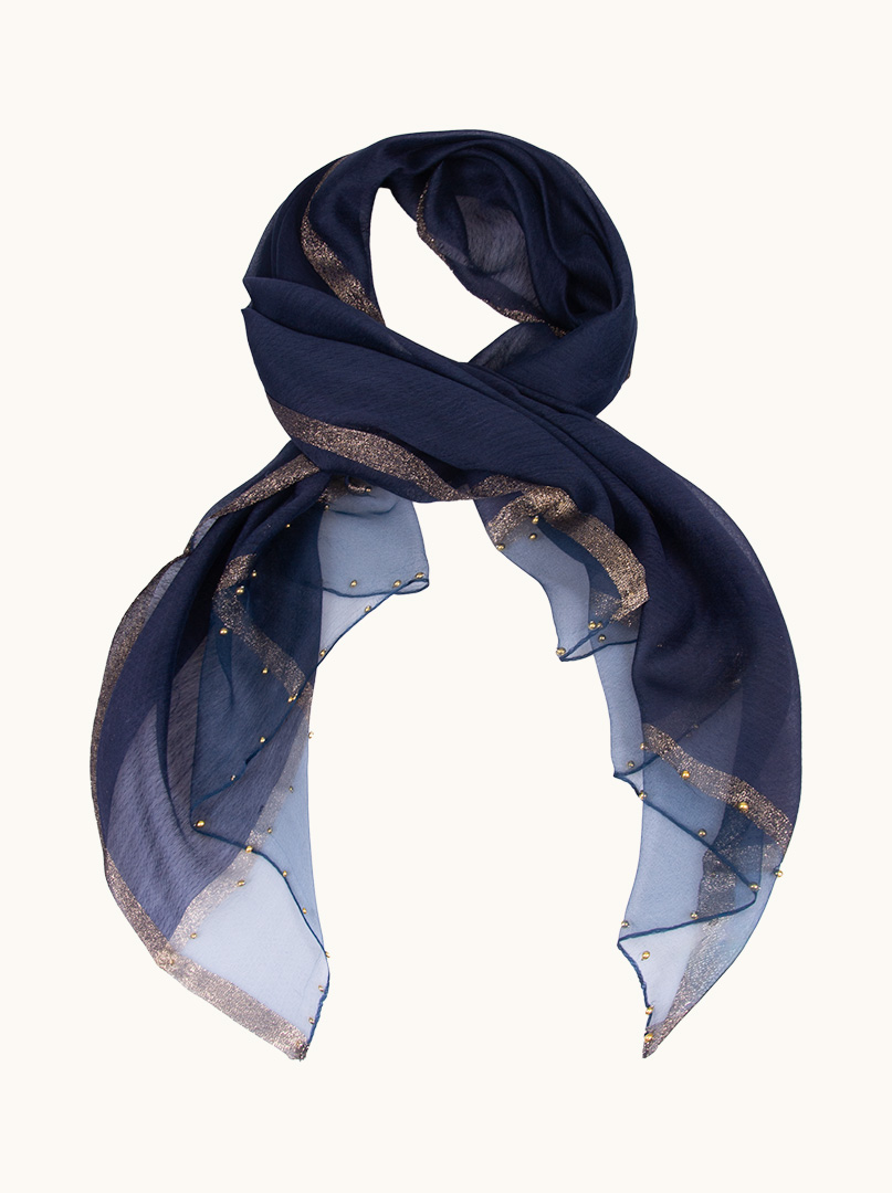 Blue formal scarf with gold pearls and silver trim 65 cm x 185 cm image 1