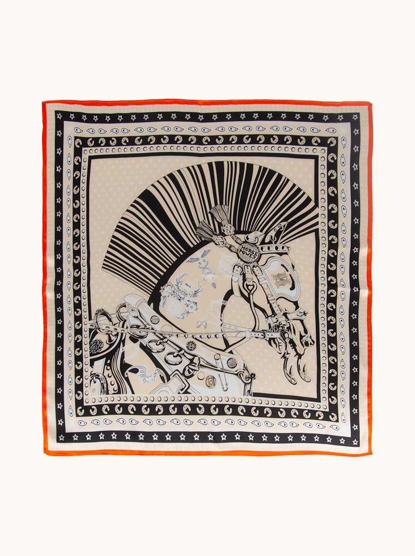 Silk gavroche with horse motif with orange border 53x53 cm image 2